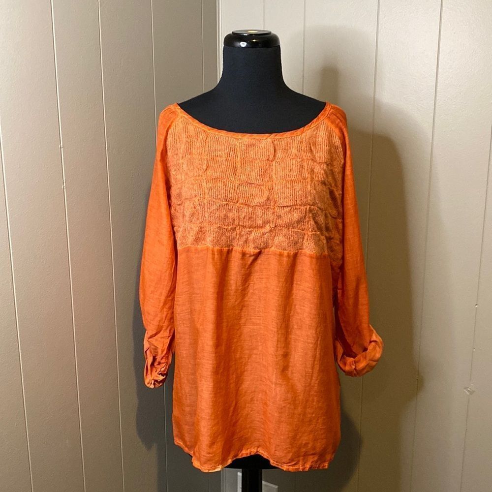 NWT Saga Size 1 Terra Orange Blouse Top Sheer Knit Chest Detail Rolled Cuffs